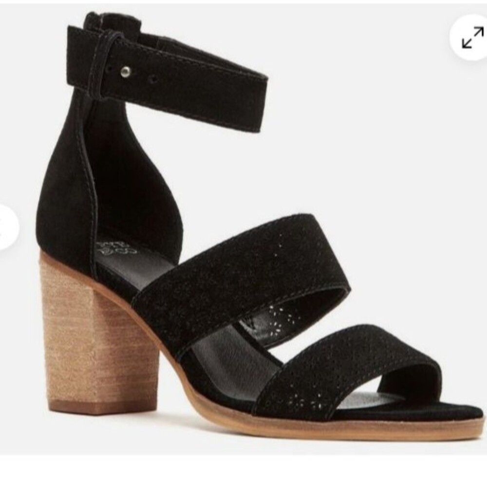 Frye & Co. Bryn Ankle Strap Black Perforated Leather City Sandal Heels 8M